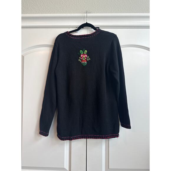 Quaker Factory Black Sweater with Embroidered Christmas Tree Novelty Detail - Picture 10 of 10